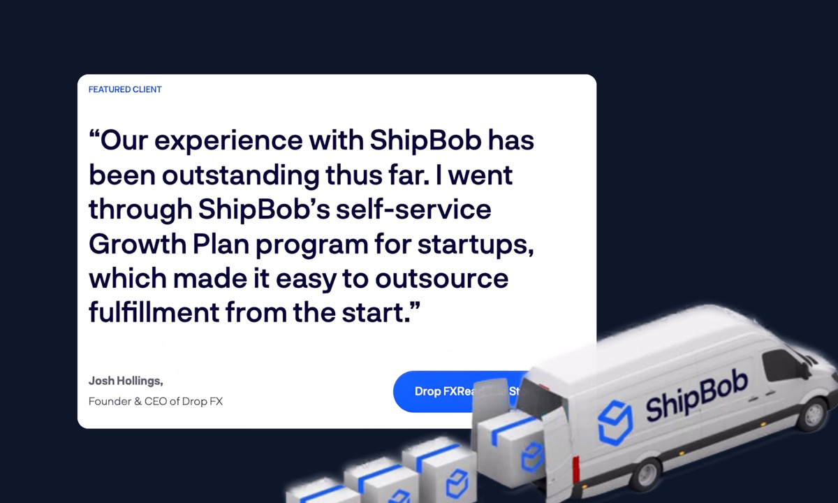ShipBob self-service Growth Plan customer story with a ShipBob delivery van